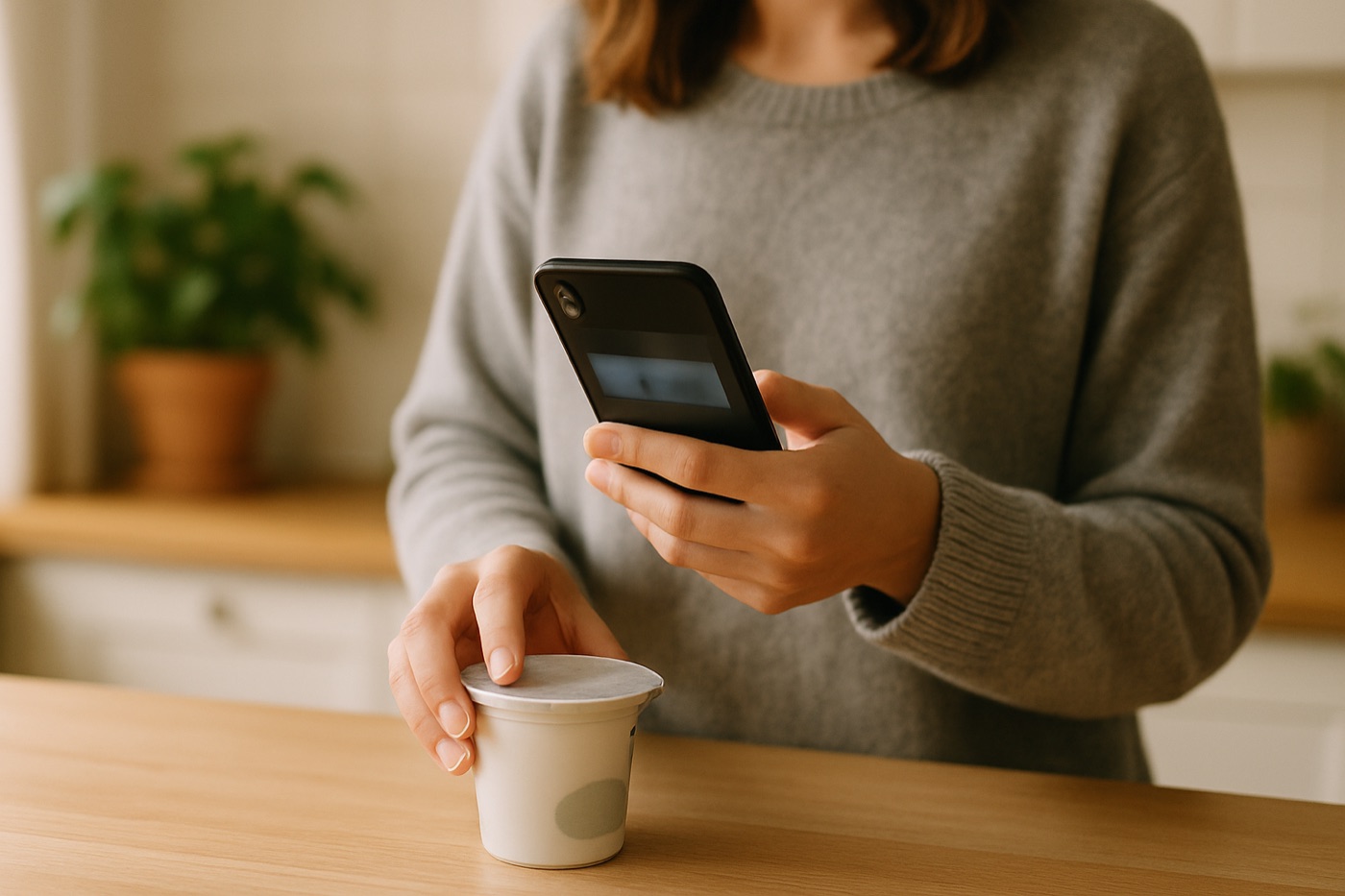 A woman scanning the barcode of a yogurt cup with her phone in a bright kitchen