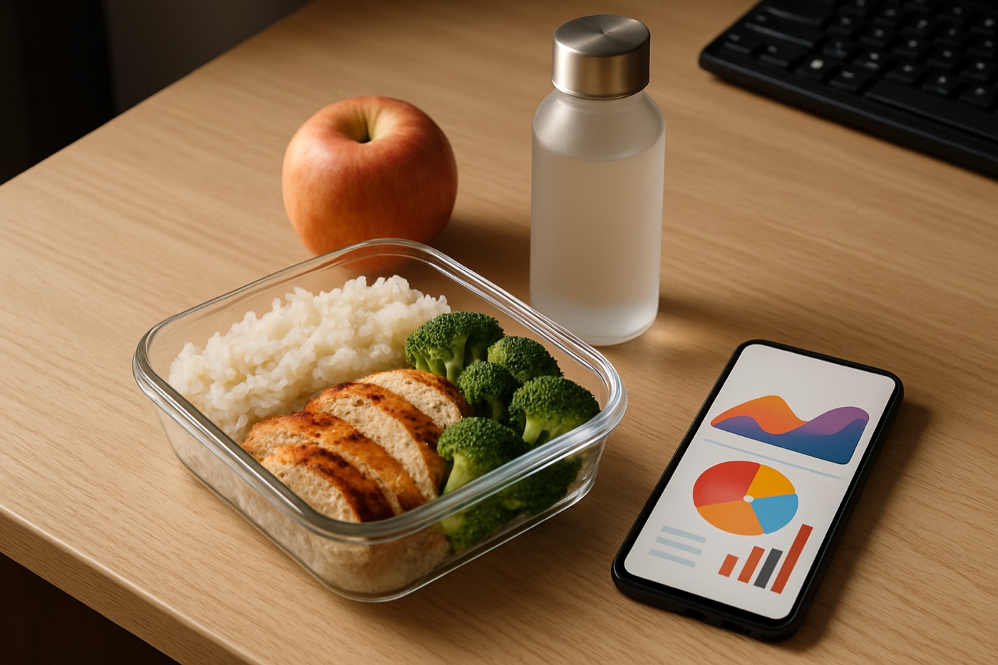 A packed lunch of rice, grilled chicken and broccoli on an office desk next to an apple, a water bottle and a phone