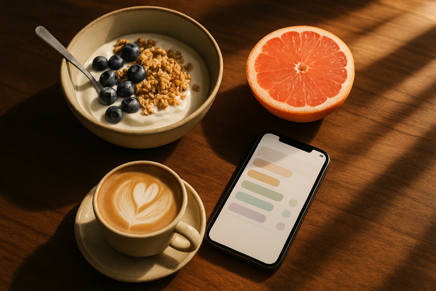 Breakfast of yogurt with blueberries and granola, a flat white and half a grapefruit on a walnut table, next to a phone showing a food diary