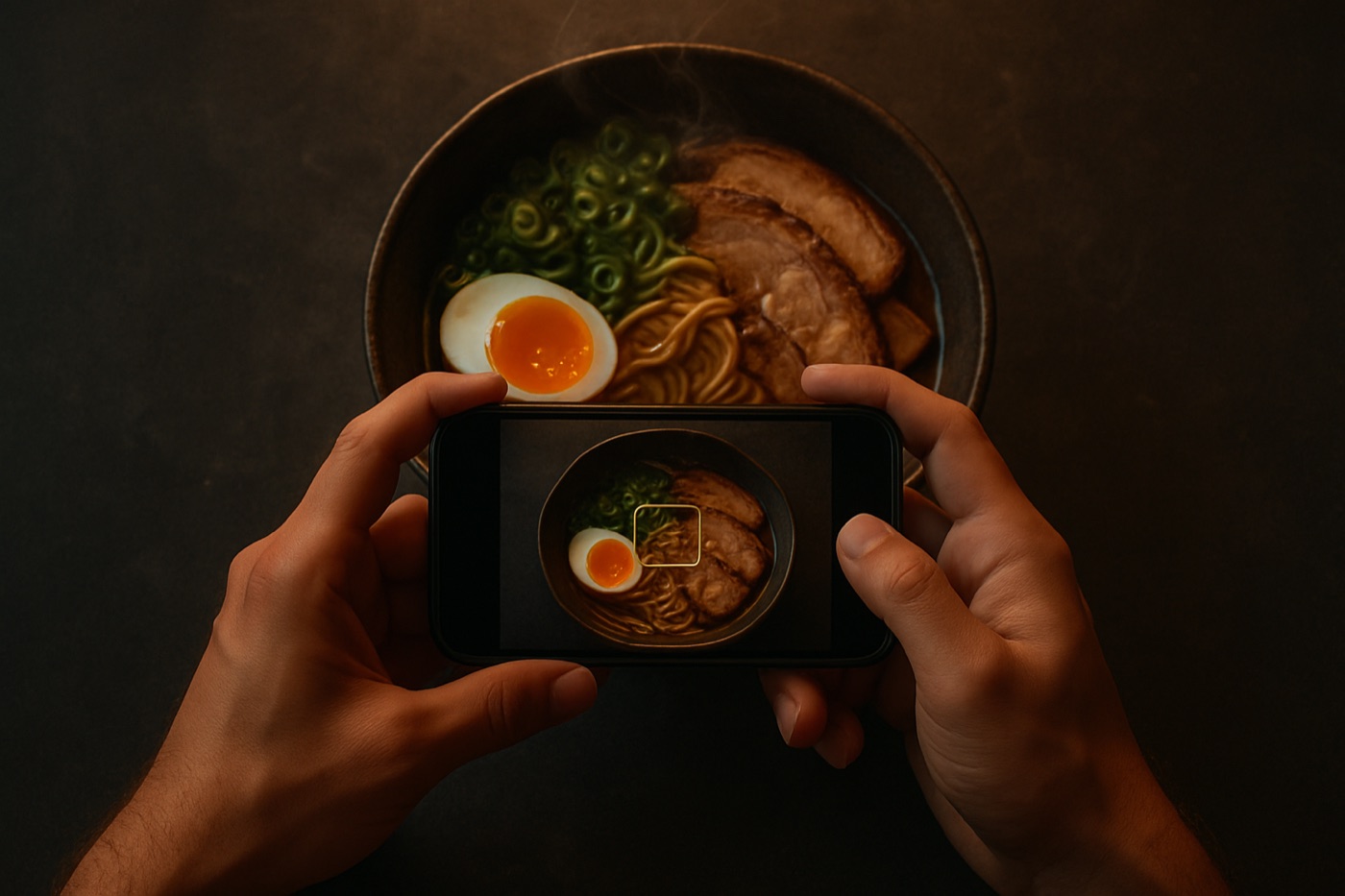 Two hands holding a phone above a bowl of ramen with egg, scallions and pork to log it by photo